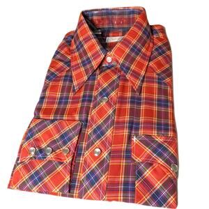 KARMAN VINTAGE Western Wear Long Tail Red Plaid Pearl Button Shirt 16 33 60s 70s